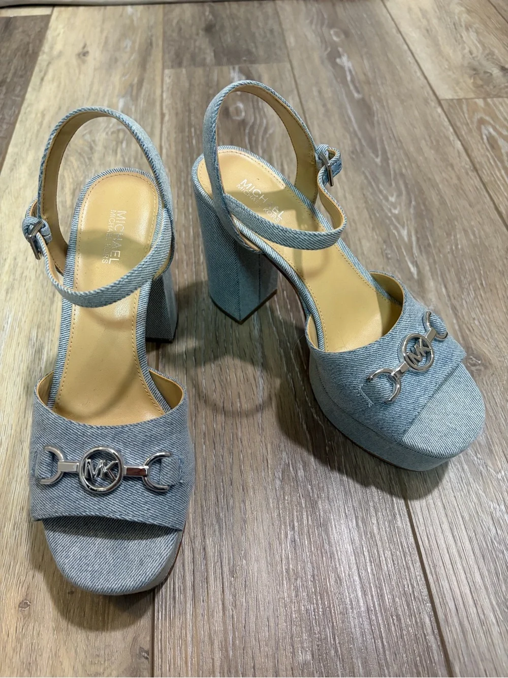 Michael Kors Light Blue Denim Platform Block Heel Sandals